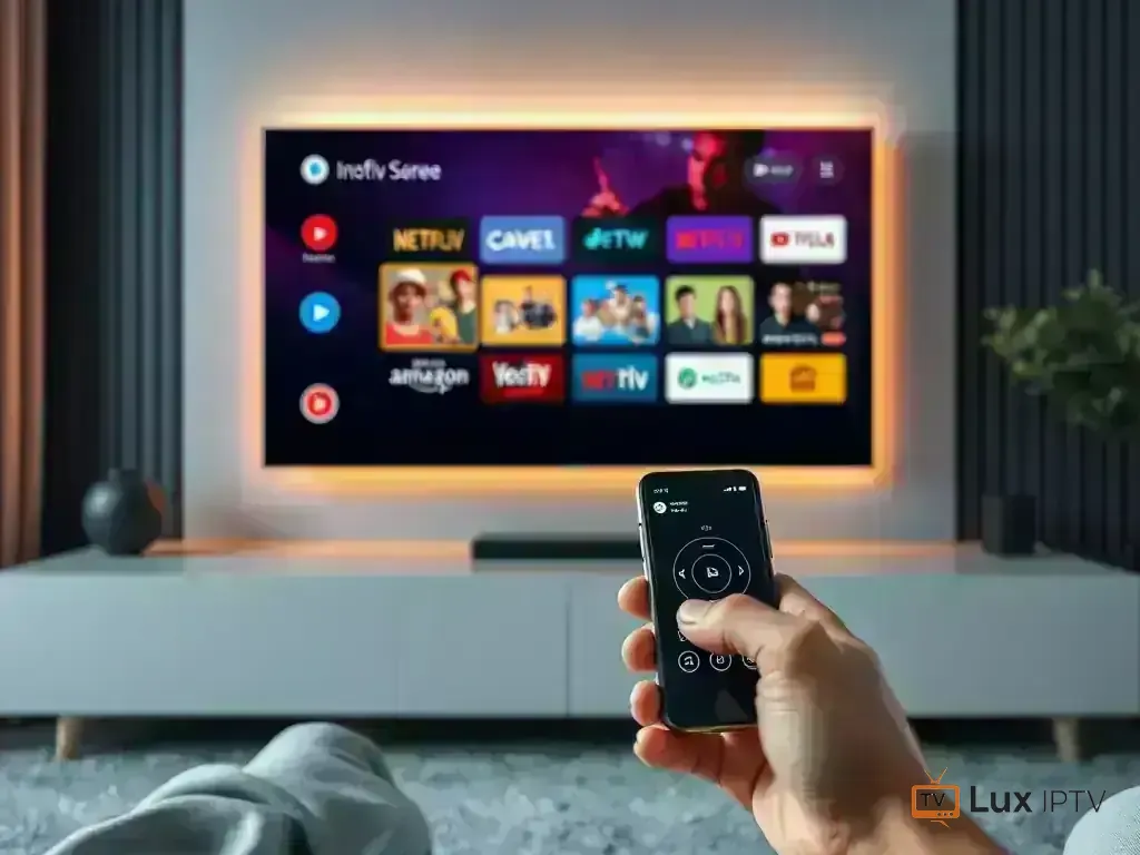 Android TV remote control and smartphone controlling TV screen