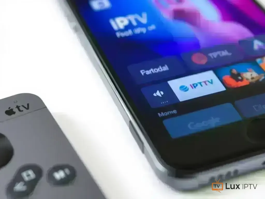 iPhone screen showing IPTV app interface with Apple TV remote